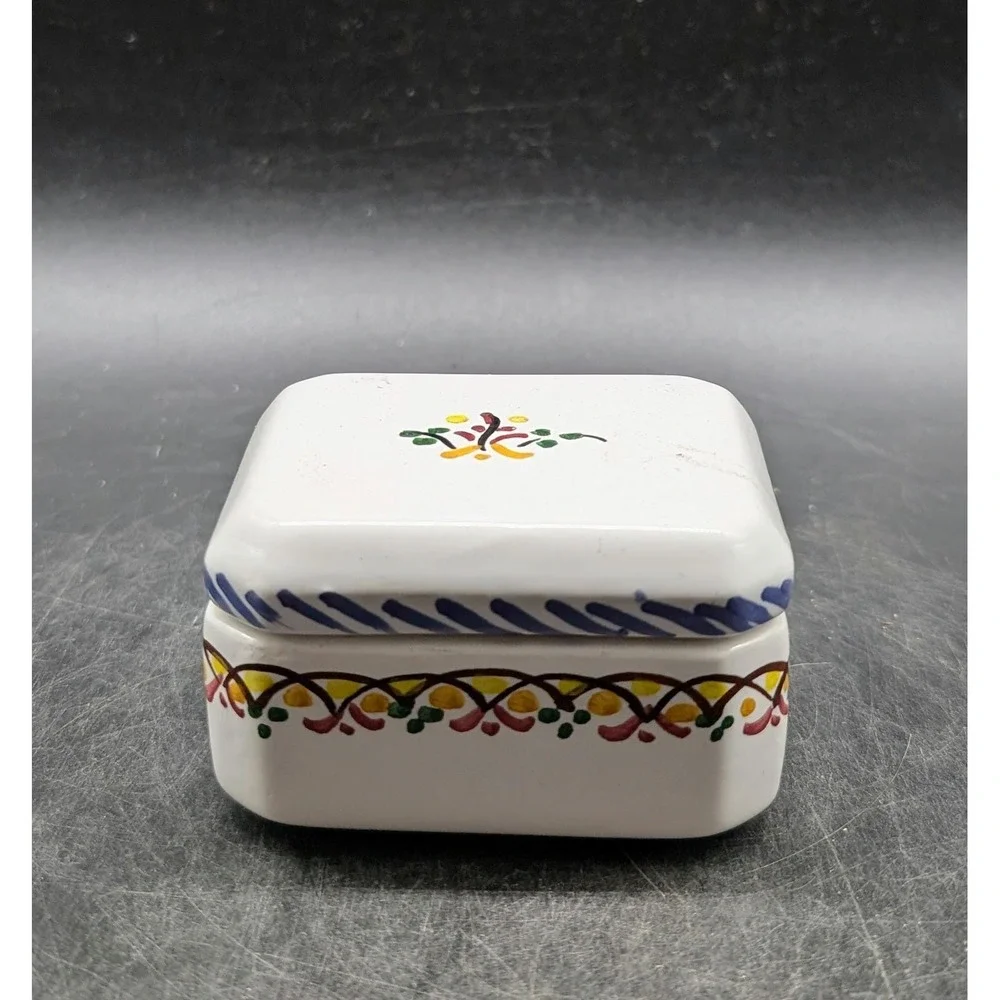 Vintage Spanish Hand Painted Ceramic Trinket Box Floral Folk Art Espana White 2